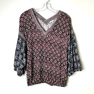 Lucky Brand Texture Banded Bottom Peasant Top Berry Blue Womens XS Boho